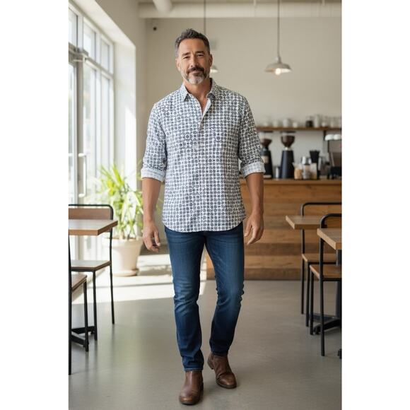 Apt 9 Premier Flex Slim Fit Shirt Button Up Size Large Mens White Blue Print NEW - Picture 2 of 12